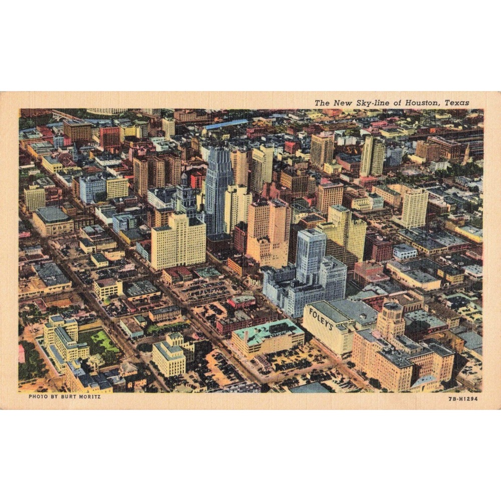 Vintage Houston Texas Skyline Linen Postcard Burt Moritz Foleys Humble Oil VG+ - Picture 1 of 2
